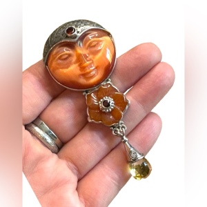 Sajen Bali moonface goddess citrine garnet sterling silver 925 pendant brooch