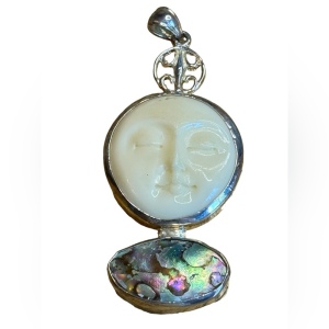 Vintage handmade moonface goddess resin & abalone sterling silver 925 pendant