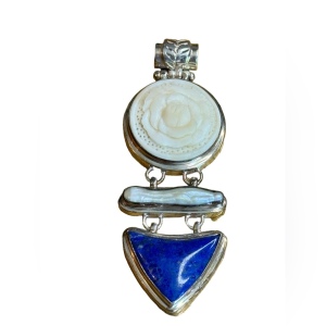 Sterling silver fancy MOP lapis & resin flower fancy pendant