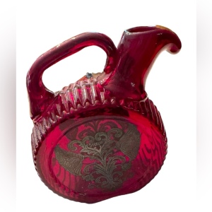 Vintage Ruby Red Glass Canteen Shape Pitcher Sterling Silver Floral Design