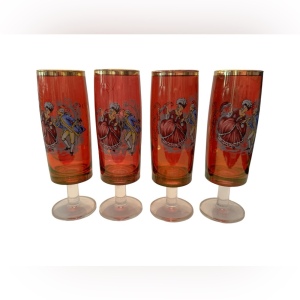 A set of 4 gilt cranberry glass short-stem champagne flutes 1700s Couple dancing