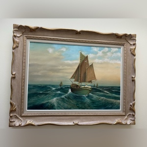 Vintage Signed painting on board wood ornate frame Sailing ship boat nautical