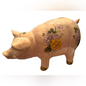 Vintage 1940s Ceramic hand painted PIGGY PIG Large BANK floral ceramic