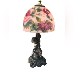 Vintage antiqued metal cherub angel pink floral glass shade lamp