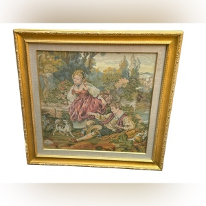 Vintage Framed Fine Art Tapestry 17th Century French Countryside Courtship Scene