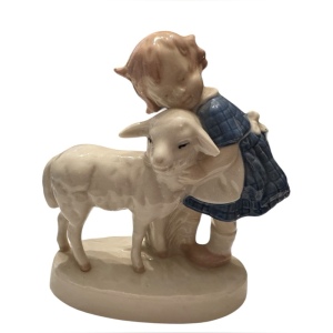 Vintage Carl Scheidig girl with Lamb Porcelain Figurine Blue And White