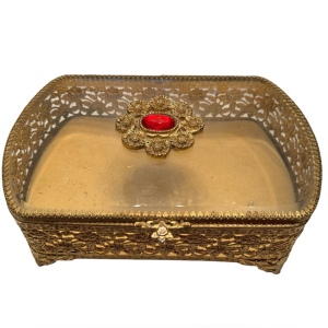 Vintage Gold plated fancy filagree ornate metal bejeweled vanity box jewelry