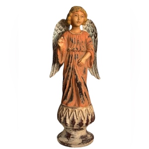 Antiqued Vintage Folk Art Angel Statue hand painted 17” solid Wood