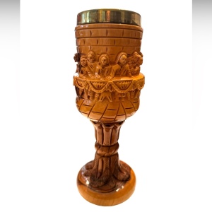 Vintage hand carved olive wood last supper church ritual goblet brass insert