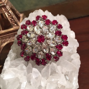 Vintage Red clear crystal fancy 1950 brooch chunky