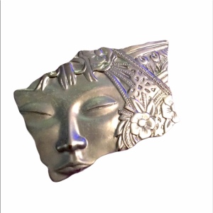 Vintage Silver tone Heavy Lady face brooch flower etched