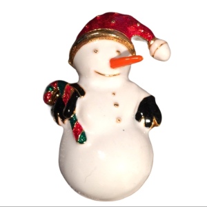 Gold metal enamel snow man christmas brooch frosty