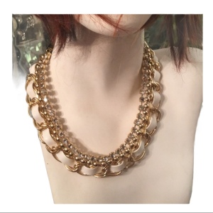 Gold chain with leather & crystals chic necklace