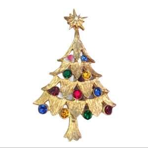 Vintage brushed gold crystal christmas tree brooch