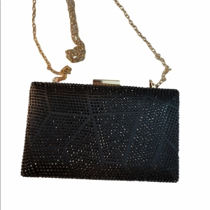 Black rhinestone clutch evening bag gold accent