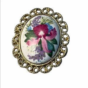 VTG ceramic flower cameo orchid brooch