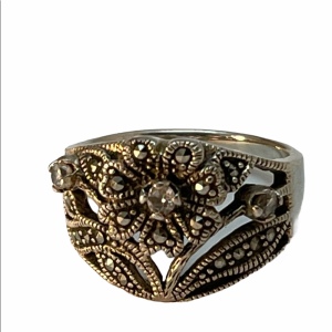 Sterling silver marcasite flower crystal ring