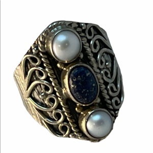 Sterling silver pearl lapis fancy ornate ring