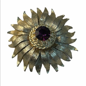 Vintage gold purple crystal flower brooch