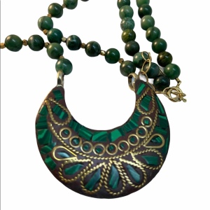 Vintage sterling malachite necklace half moon With Jade beads