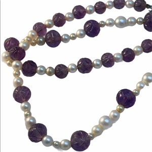 Carved fancy Amethyst faux pearl necklace sterling