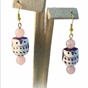 Rose Quartz ceramic owl dangle earrings Gold