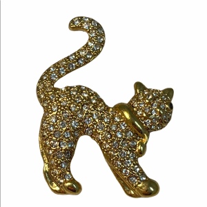 Gold tone rhinestone kitty cat brooch