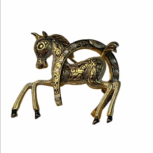 VTG gold plate Spain Damascene horse brooch luck