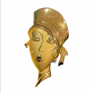 VTG C1980s Gold lady head brooch art deco