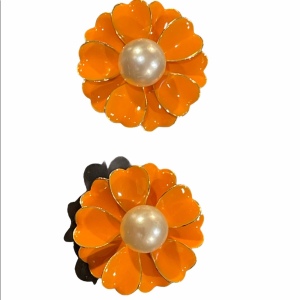 Orange Faux pearl C1960s Metal Flower earrings