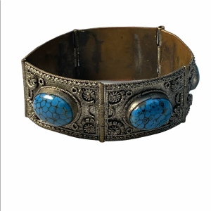 Silver filagree victorian blue glass fancy bangle