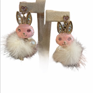 CUTE furry rabbit bunny dangle earrings pink