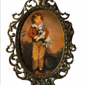 Vintage Boy with dog Italy metal oval picture