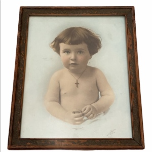 Beautiful Antique Framed Baby photo crucifix child Victorian 1922