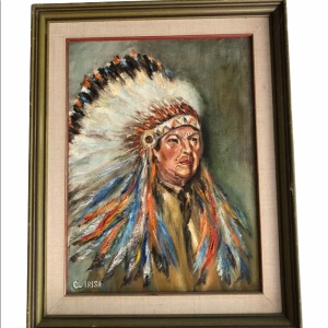 Vintage Indian Chief Signed oil painting Framed