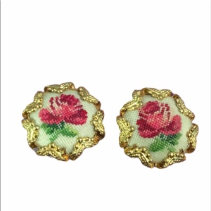 Vintage Needlepoint flower Clip on earrings