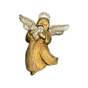 Gold & silver rhinestone angel brooch with a heart