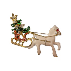 Vintage enameled with crystal horse sled presents christmas brooch