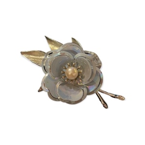 Beautiful large blue metal faux pearl flower brooch 1970s