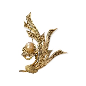 Vintage gold plate Damascene spain faux pearl flower brooch