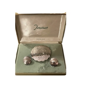 Vintage Forstner Sterling silver fancy etched brooch & earrings in orig box!