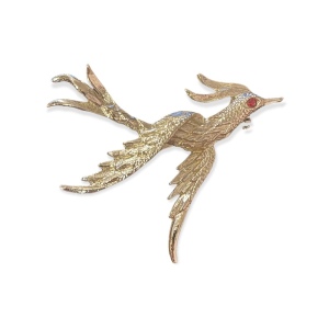 Vintage brushed silver metal rhinestone eye pheasant bird brooch