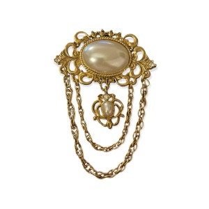 Beautiful faux pearl gold regal dangle brooch antique style