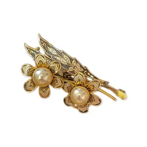 Vintage Gold plated Damascene spain flower bar brooch