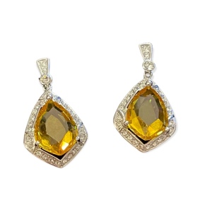 Vintage 1980s Butler Citrine crystal silver teardrop dangle pierced earrings FAC