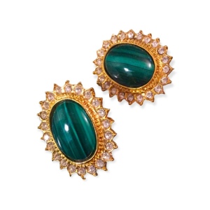 VTG Malachite crystal gold tone clip on earrings Butler FAC