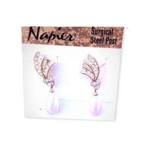 Vintage NEW Napier Earrings faux pearl gold finish dangle with rhinestones