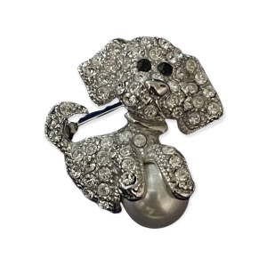 Small silver rhinestone dog brooch with faux pearl