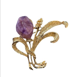 Vintage brushed gold amethyst flower brooch