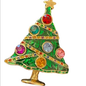 Beautiful multi crystal gold enameled christmas tree brooch